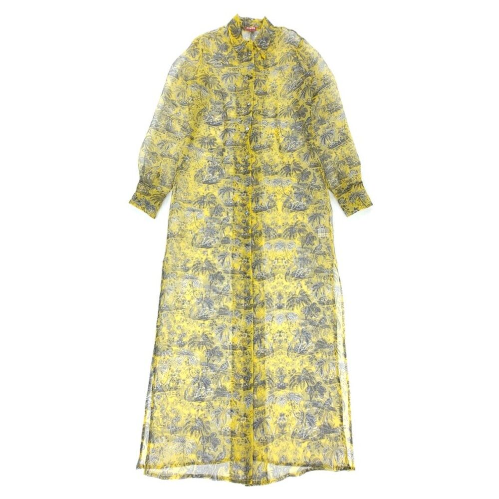 STAUD Frank Sheer Maxi Shirt Dress Yellow Black Resort Print 90s Quiet Luxury 12